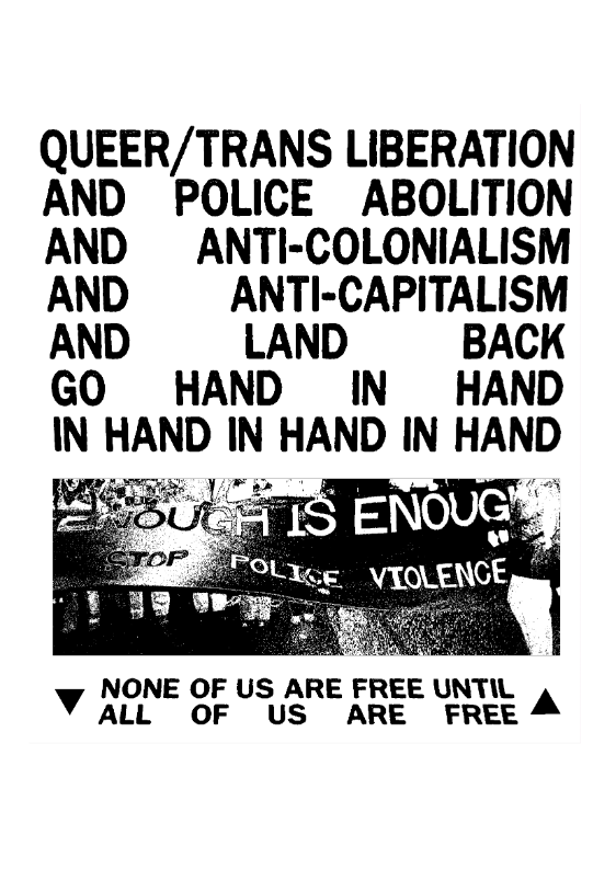 Queer/trans liberation and police abolition and anti-colonialism and anti-capitalism and land back go hand in hand in hand in hand in hand. None of us are free until all of us are free.