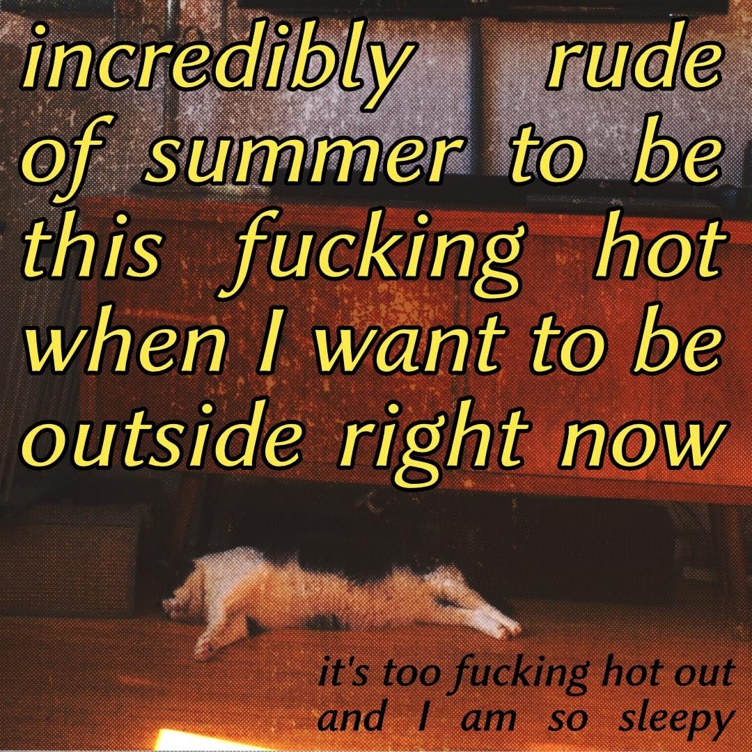 Incredibly rude of summer to be this fucking hot when I want to be outside right now. It's too fucking hot and I am so sleepy.